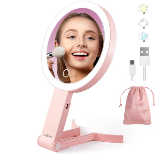 Image of LitBear Travel Makeup Mirror with Lights, Rechargeable Double-Sided 10X /1X Magnifying Mirror, Portable Lighted Beauty Mirror, 3 Color Lighting, Dimmable Touch Screen, Tabletop Handhold Hanging (Pink)