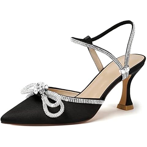 Susanny Black Rhinestone Heels for Women Sparkly Bow Heels Sexy Evening Party Ankle Strap Closed Toe Pumps Office Kitten Heels Dress Heeled Prom Shoes 10 Cover