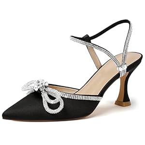 Susanny Women’s Closed Toe Rhinstone Wedding Low Heel Slingback Clear Kitten Heels,Adjustable Strap Pointed Toe Bow…