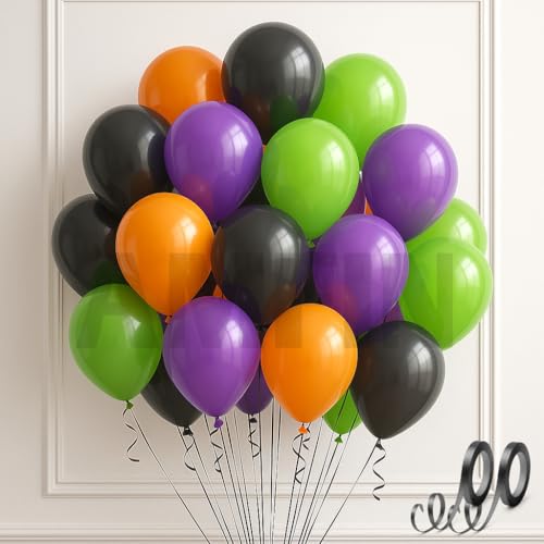 Image of AMFIN (Pack of 50) Halloween Party Balloons | Orange, Black, Purple & Green Latex Balloons | Spooky Party Decorations for Birthday, Halloween, Events & Celebrations