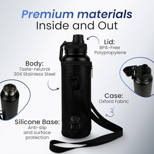 Image of Premium 1 Liter Water Bottle (33.8 oz) with Carrying Case & Strap - Double Wall Vacuum Insulated Stainless Steel Water Bottle - Leakproof Lid, Wide Mouth, BPA-Free, Removable Strainer - Blue