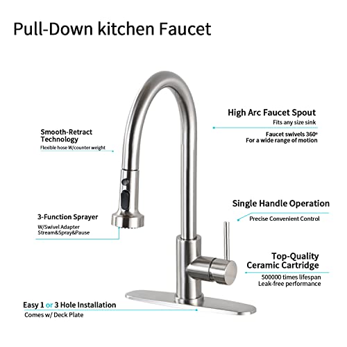 Robinet de cuisine rétractable en acier inoxydable nickel brossé avec distributeur