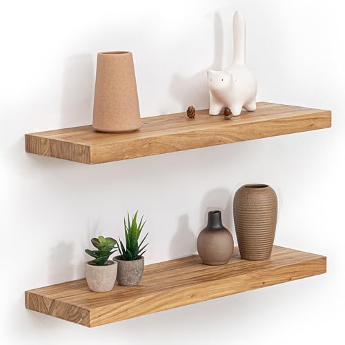 Image of Fun Memories Floating Shelves for Wall, 24 inchx9.3 inch Rustic Solid Elm Wood Shelves, Heavy-Duty Wall Mounted Shelves with Invisible Brackets, Set of 2 for Living Room, Bedroom, Kitchen, Natural Finish