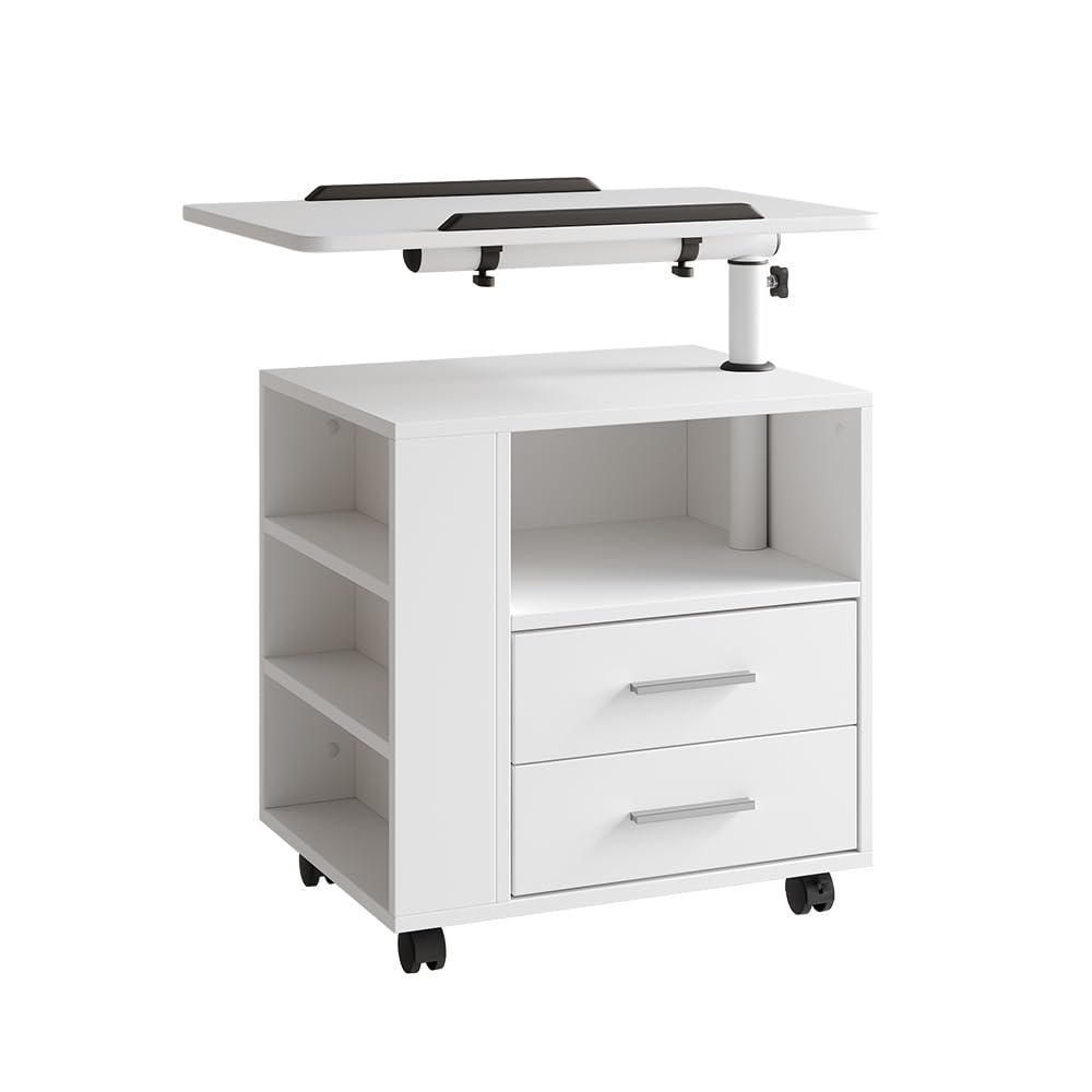 Vicco Stolik nocny "Bora", Biały, 60 x 69 cm | z 2 szufladami, avec plateau de travail pivotant et roulettes pour une utilisation flexible