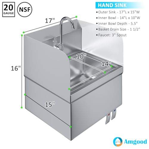 Image of Stainless Steel Wall-Mounted Hand Sink with Hands-Free Double Knee Valves, Faucet, and Side Splash Guards, 17 in x 15 in