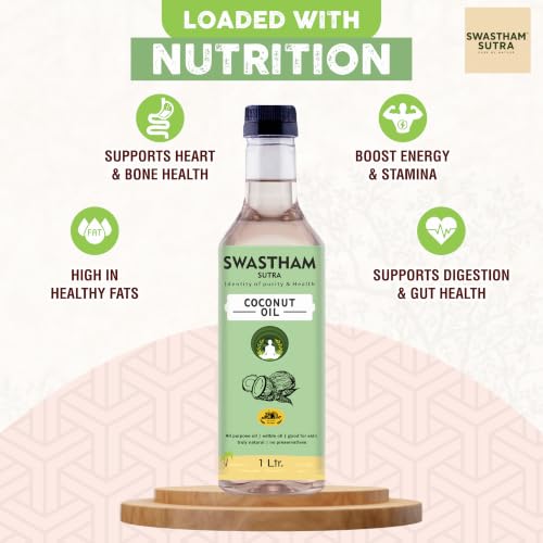 Image of SWASTHAM SUTRA Wood Pressed Coconut Oil | 100% Pure, Unrefined & Cold Pressed Coconut Oil | Extracted from A1 Grade Coconut | Natural Edible Oil for Cooking, Skin & Hair Care | Anti-Spill Bottle (1 Ltr.)