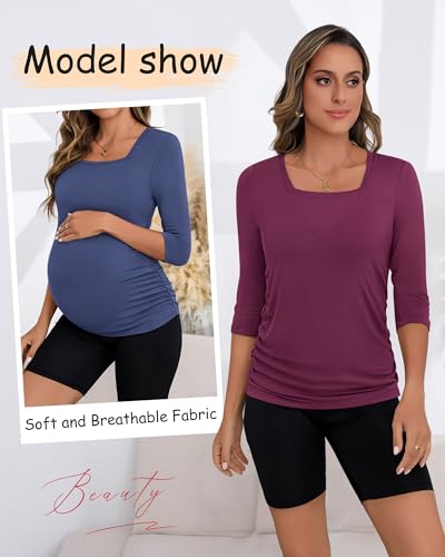 Ficerd 3 Pack Cotton Maternity Top 3/4 Sleeve Basic Square Neck Maternity T Shirt Ruched Pregnancy Blouse3