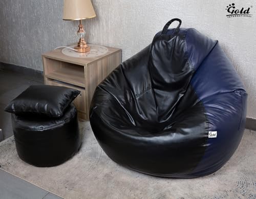 Image of Gold 4XL Bean Bag Combo with Footstool & Cushion | Faux Leather Teardrop Bean Bag for Adults & Teens | Pre-Filled with Beans | Home, Bedroom, Living Room, Office (4XL - Navy Blue & Black)