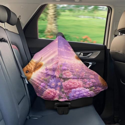 Image of Wanyint Infant Car Seat Cover Stretchy Nursing Scarf Car Seat Canopy Shopping Cart High Chair Cover Protect Babies Breastfeeding Mothers, Highland Cow Floral Purple
