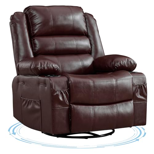 Image of Rocking Recliner Chair for Adults Manual Swivel Recliner Rocker with Cup Holders Leather Upholstered Comfy Single Sofa Chair for Living Room Bedroom Nursery Coffee-Colored