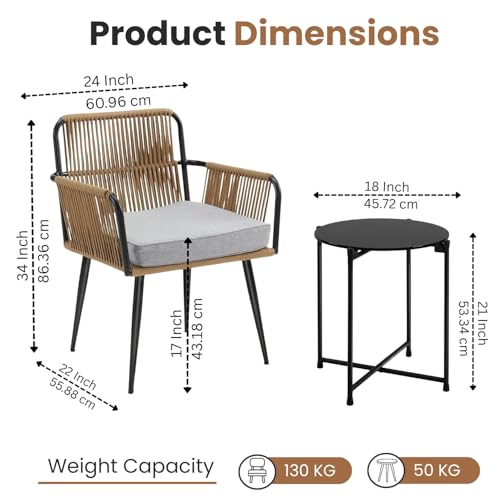Image of DEVOKO Outdoor Rope Patio 3 Piece Chair Table Bistro Set with All Weather Cushioned Furniture for Garden, Pool, Lawn, Deck, Porch (Beige & Grey)