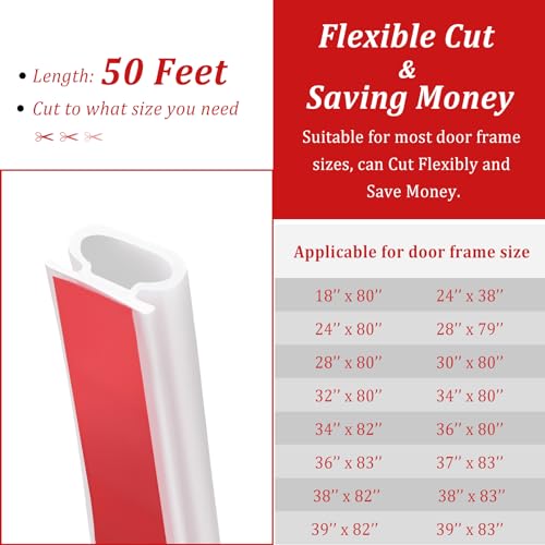 Image of 50 Feet D-Shape Rubber Weather Stripping Door Seal Strip, Self-Adhesive Backing Door Weatherstripping for Door Frame Insulation Large Gap, Easy Cut to Size with Tailor Scissors(White)