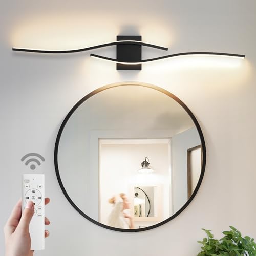 Image of Modern LED Vanity Light with Remote Control, Modern LED Bathroom Light Fixture, Bathroom Vanity Light Fixture Over Mirror, 39.4 inch Black Wall Sconce Lighting