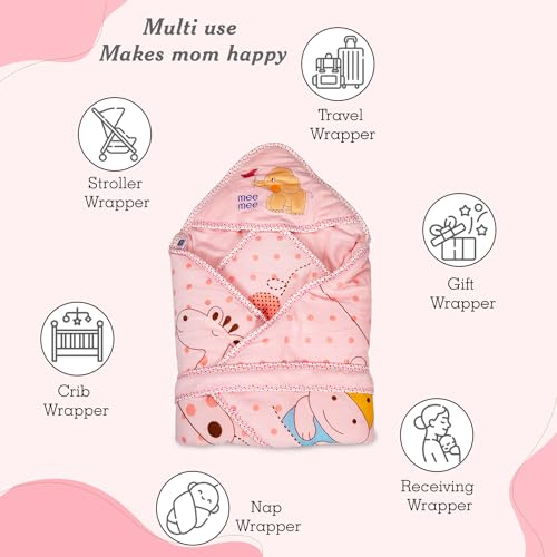 Image of Mee Mee 100% Soft Cotton Hooded Baby Wrapper Cum Warmer, Blanket with Hood for New Born Baby 0 to 6 Months (Pink Printed)