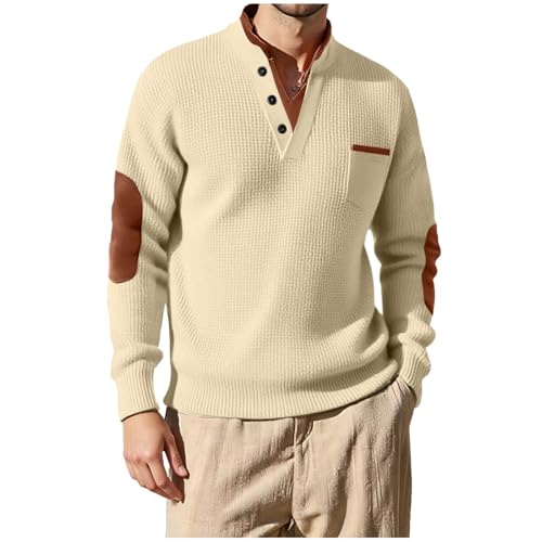 Mens Fall Fashion 2025 Button Down V Neck Hoodie Casual Waffle Sweatshirt Vintage Loose Pullover with Elbow Patches2