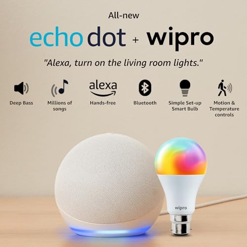 Image of Amazon Echo Dot (5th Gen, White) Smart Home Speaker Combo with Wipro Simple Setup 9W LED Smart Bulb | with Bluetooth and Alexa