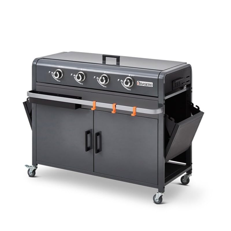 BRASERO - Plancha Lola à gaz sur chariot équipé Gun Metal - 4 brûleurs à gaz - jusqu'à 14 convives - Surface de cuisson 88 x 35,5 cm - 9,6 kW - Récupérateur de graisse