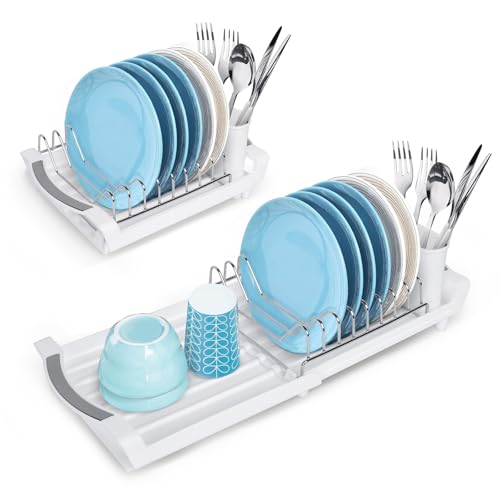 Minicoco Dish Drainer Expandable, Small Dish Drying Rack with Removable Cutlery Holder, Stainless Stee Dish Rack Non-Scratch Kitchen Dish Drainer Rack, White
