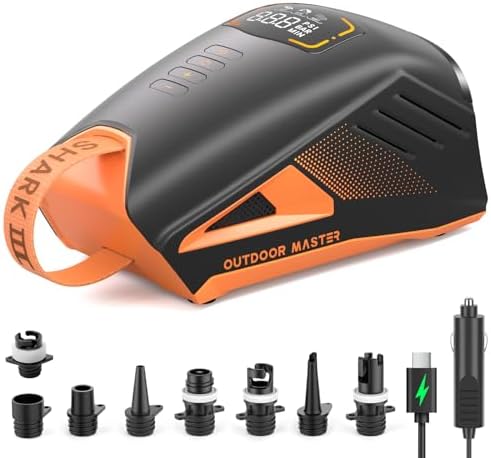 OutdoorMaster Shark 3 Paddle Board Pump Electric - 3'50" Fast Inflation, 20PSI 74Wh Rechargeable SUP Air Pump- Auto-Off & Deflation, 12V/15.8V DC & Type-C Input, 8 Nozzles for Inflatables, Boats,Kites