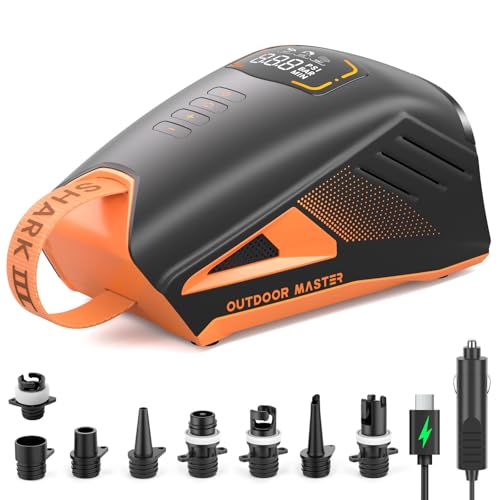 OutdoorMaster Shark 3 Paddle Board Pump Electric - 3'50" Fast Inflation, 20PSI 74Wh Rechargeable SUP Air Pump- Auto-Off & Deflation, 12V/15.8V DC & Type-C Input, 8 Nozzles for Inflatables, Boats,Kites by OutdoorMaster - Used condition - US$159.88