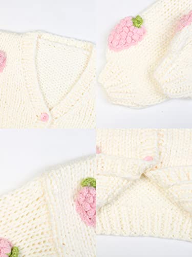 Image of V Neck Sweaters for Women Cute Strawberry Button Loose Cardigan Sweater Open Front Cable Cropped Knit Top
