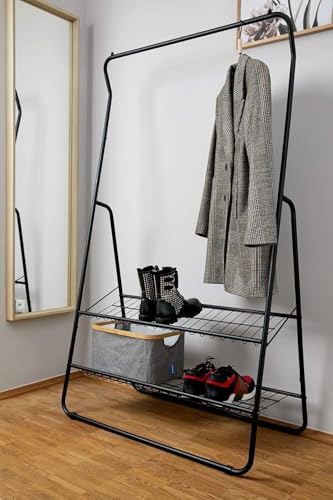 Image of Lukzer Black Coat Hanger Stand with 2 Bottom Shelves - Portable Clothes Garment Rack for Closet, Bedroom, Entryway - Heavy Duty Organizer with Angled Shelf for Home & Shop Display (160x93x47cm) CH-077