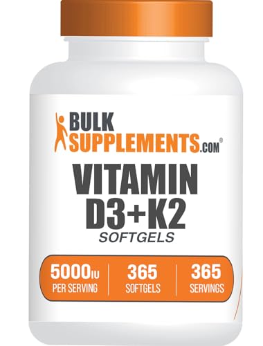 BulkSupplements.com Vitamin D3 + K2 5000 IU Softgels - D3 K2 Supplement, for Immune Health - Gluten Free, 1 Softgel per Serving, 365 Count (Pack of 1)
