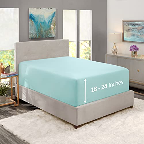 Image of Hearth & Harbor Extra Deep Pocket Twin Fitted Sheet - Fits 18 to 24 Inch Mattress - Ultra Soft 1800 Microfiber, Wrinkle-Free & Breathable - Hotel Luxury Fitted Sheet Only, Light Blue