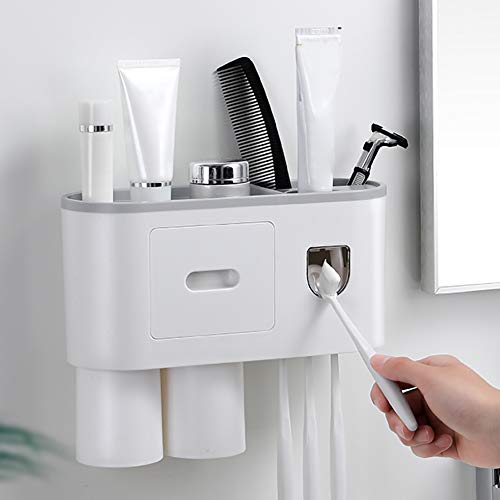 ROOHUA Wall Mounted Toothbrush Holder with Magnetic Cup and Automatic Toothpaste Dispenser Set. Suspension Rack with Storage Drawer .Suitable for Family Bathroom - no Drilling Studs (Grey, 2 Cups)