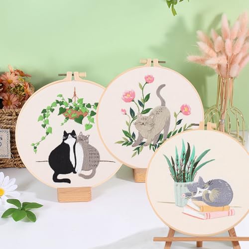 Image of Ohcol 3 Sets Cat Embroidery Kit,Needlepoint Kits for Adults Beginner,Needle Point Sets with Washable Pre-Printed Pattern,1 Hoop,Women Hand Crafts