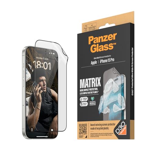 PanzerGlass™ Protector de Pantalla Ecológico Matrix para Apple iPhone 15 Pro – Protege, Prolonga y Haz una Diferencia – Con ayuda de posicionamiento para una fácil instalación