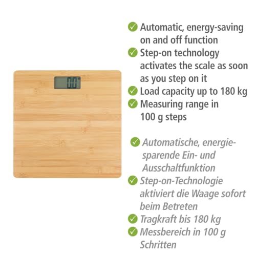 WENKO Personenwaage Mod. Bambusa digitale Körperwaage mit großem LCD-Display aus Bambus bis 180 kg inklusive AAA Batterien präzise… – Ansicht 3