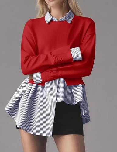 Women Asymmetrical Patchwork Sweaters Lapel Collar 2 In 1 Sweater Slit Asymmetrical Hem Button Down Shirts Top3