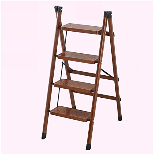 Wood Grain Color Folding Step Ladder Craft Lacquer Wide Bandwidth Non-Slip Tread Good Hardware Step Stool Horseshoe-Shaped Non-Slip Ladder Feet Portable Step Stool Shelf