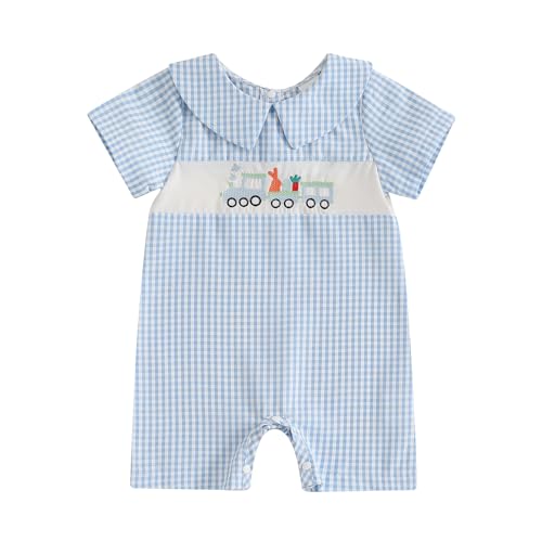 Infant Baby Boy Easter Clothes Outfit Bunny Carrot Embroidery Collared Short Sleeve Romper Jumpsuit