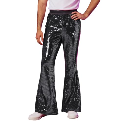 WAZHAKU Pantalones brillantes para hombre, pantalones largos para el tiempo libre, con lentejuelas, para carnaval, pantalones anchos de baile para fiestas, pantalones acampanados, cintura alta