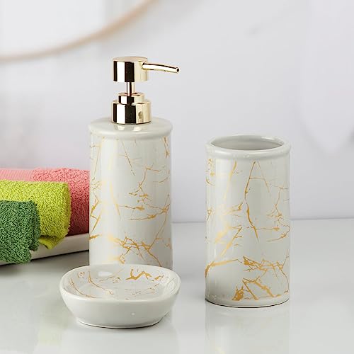 Image of SaSaSa Ceramic Bathroom Set of 3 Modern Bath Accessories Kit with Soap Dispenser, Toothbrush Holder & Dish - Stylish & Elegant Bathroom Decor, Grey /Gold (9731)