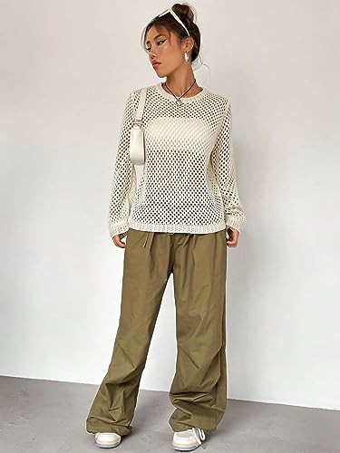 Image of Milumia Women's Hollow Out Sheer Fishnet Crochet Sweater Open Knit Pullover Tops Apricot Small