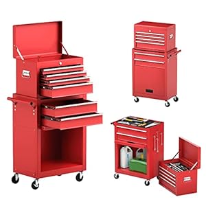 Goplus Rolling Tool Chest, 6-Drawer Tool Box Organizer w/Auto Locking System & Lockable Wheels & Sliding Drawers & Detachable Top, Tool Storage Cabinet for Garage Workshop (Red)