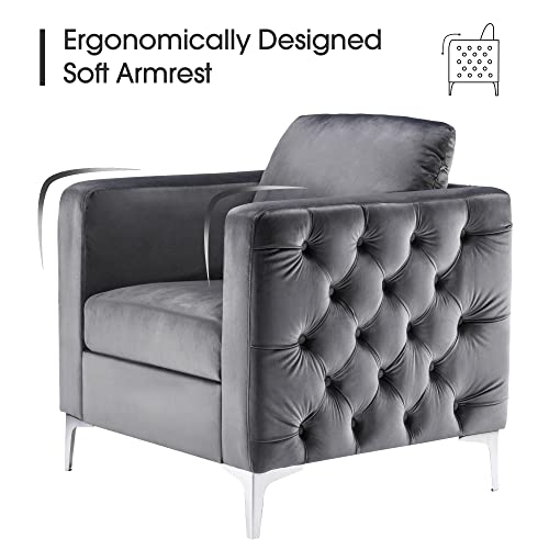 Mcombo Velvet Accent Club Chair, Upholstered Tufted Button Single Sofa Chair, With Silver Metal Legs, Modern Armchair For Living Room Bedroom 4066 (Grey) #TOP3