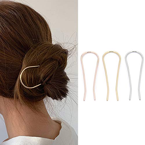 Briskaari U Shape Hair Fork Gold Updo Hair Sticks Prong Bun Hair Pins Clips Grips Hair Styling Tool Hair Accessories for Women and Girls (Pack of 3)