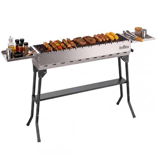 Charcoal Grill, Foldable Portable Camping Charcoal Grill, Stainless Steel BBQ Grill with Ceramic Grate, 2-in-1 Side Tables & Pull-Out Ash Pan Outdoor & Backyard Grill for Patio Cooking