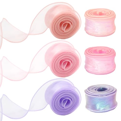3 Rollen Schillerndes Organzaband Geschenkband, Organzaband 4 cm X 9 m, Transparentes Chiffonband Qualle, Breit Ribbon Twisted, Schimmernde Geschenkband, Schleifenband, für Dekoration, Blumenstrauß