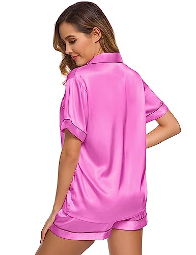 Image of SWOMOG Womens Silk Satin Pajamas Set Short Sleeve Sleepwear Button Down Top and Shorts Loungewear 2 Piece Pjs Set XS-3XL