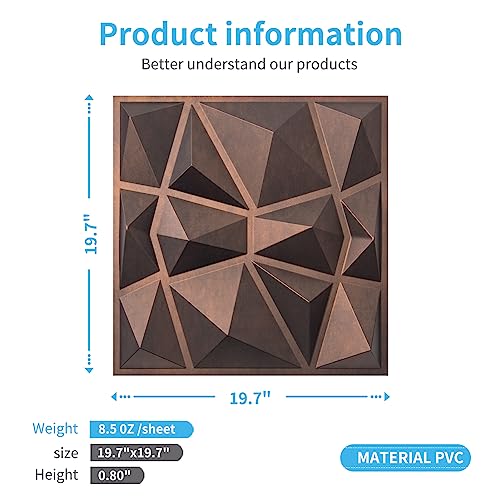 Art3d Textures 3D Wall Panels Antique Copper Diamond Design for Interior Wall Decor Pack of 12 Tiles 32 Sq Ft (PVC), 19.7 x 19.7 Inch