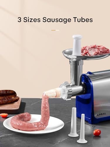 Image of Electric Meat Grinder, Sausage Stuffer with 3 Sausage Tubes, 2 Blades, 3 Plates, 3200W Max, Meat Grinder Heavy Duty for Home Kitchen Use, Stainless Steel (Blue)