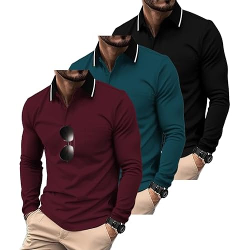 ZITY 3 Pack Men Polo Shirts Long Sleeve with Pocket Golf Shirts Shirts for Men Casual Work Athletic Collared T-Shirts Black Duckblue Winered X-Large