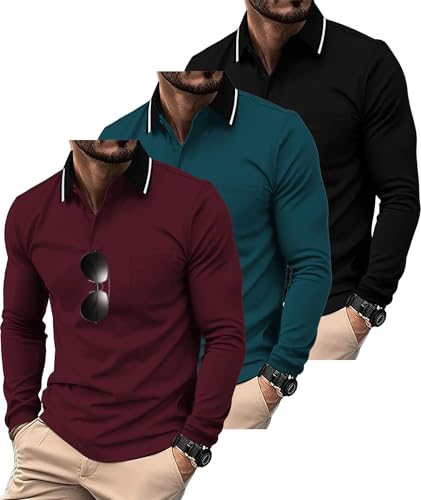 ZITY 3 Pack Men Polo Shirts Long Sleeve with Pocket Golf Shirts Shirts for Men Casual Work Athletic Collared T-Shirts