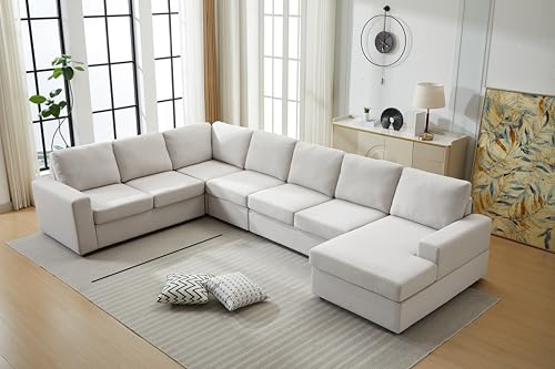 Image of Ball & Cast 147 inch L-Shaped Sectional Couch for Living Room with Reversible Chaise & Removable Back Cushions,7 Seat Linen Upholstered Convertible Sectional Sofa Set,DIY Combination,for Home,Office,Beige