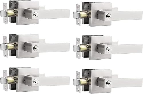 Probrico Satin Nickel Keyed Entry Door Levers, Square Door Handles for Entrance Doors, Heavy Duty Door Levers with Lock and Different Keys for Bedroom Bathroom, 6 Pack